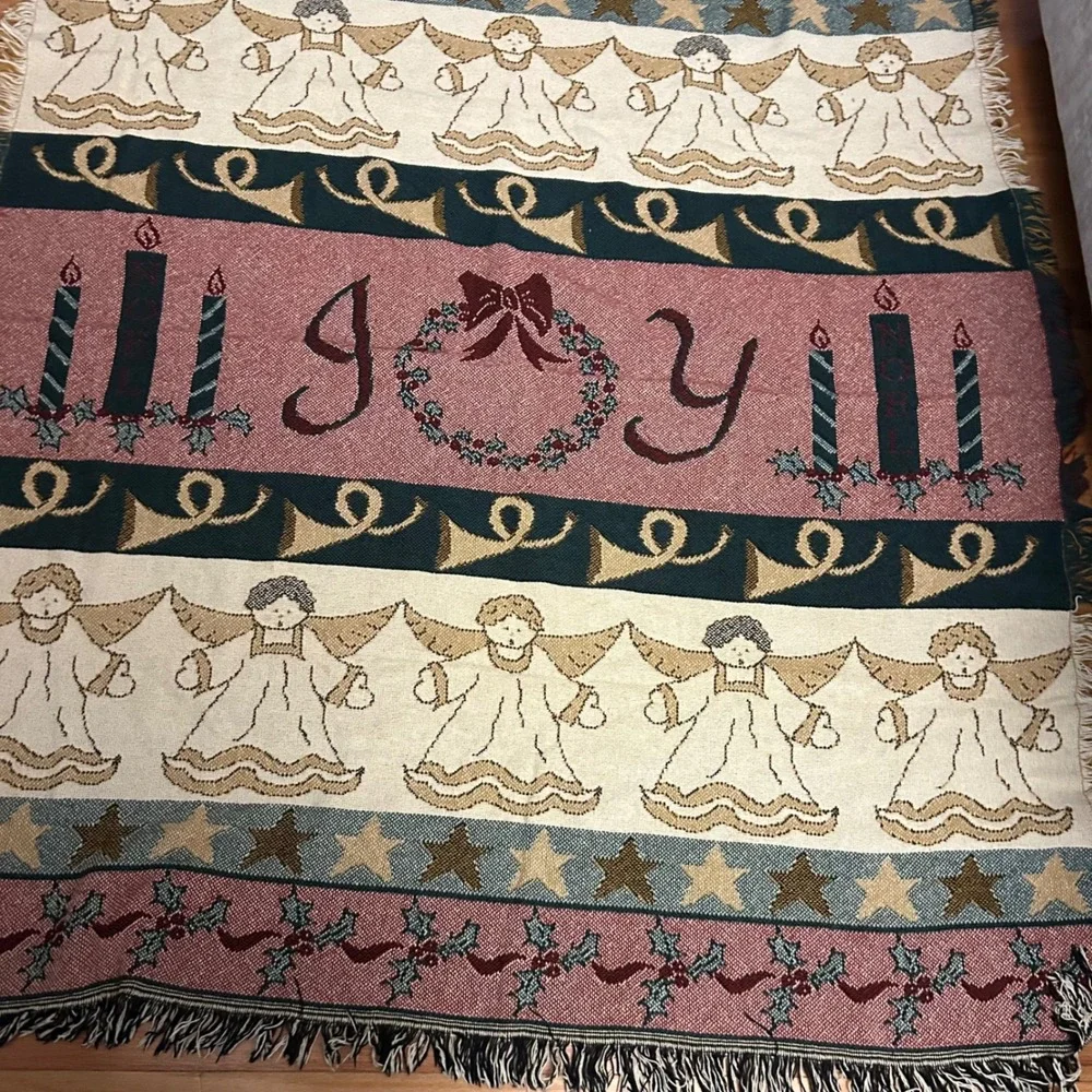 Vintage Christmas Throw Blanket Angels Joy Candles Holly Star Holiday Decor52x62
